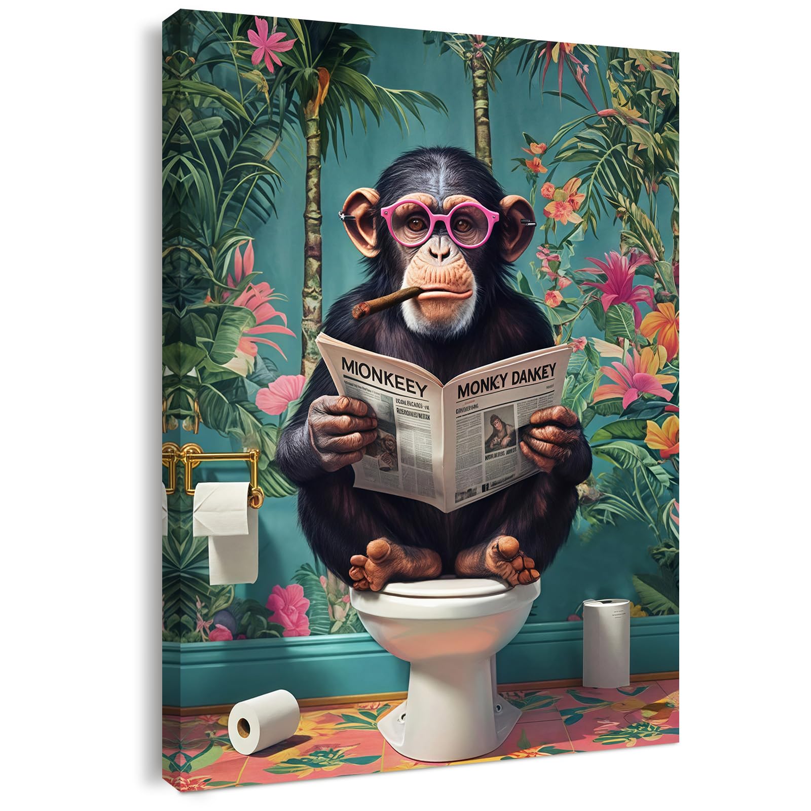 Qiukoo Funny Monkey Bathroom Wall Art – Waterproof Framed Canvas with Hanging Ho