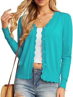 GRECERELLE Women's Cardigans Knit Long Sleeve V Neck Button Down Lightweight Ladies Scalloped Shrugs Jumper Cardigan for Dress Summer Evening Wedding