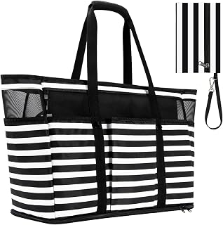Large Beach Bag with Zipper, 12 Pockets Waterproof Sandproof Pool Bag Womens Mesh Beach Tote Bag for Travel Vacation