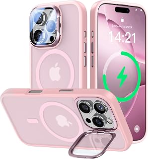 VOFATA iPhone 16 Pro Case with Stand Function Fits MagSafe 9H Camera Lens Protector Military Protection Translucent Matte Magnetic Pink