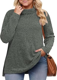 VISLILY Womens Plus Size Tops Trendy Turtleneck Lightweight Casual Long Sleeve Elegant Side Split Tunic Size 1X-5X
