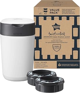 Tommee Tippee Twist & Click Nappy Eater, Exclusive Pack with 2 Refills (1 Pre-Charged, 1 Reserve), Guaranteed Protection Against Germs and Bad Odours, Pack May Vary