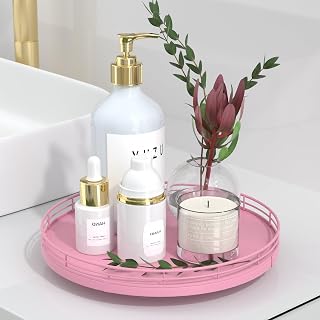 Bathroom Tray for Counter, 10" Oak Wooden Vanity Tray for Perfume Lotion Candle Makeup Jewelry Sink Soap Holder Turntable Dresser Organizer Countertop Coffee Table Decor Organization and Storage Pink