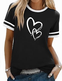 Aottori Womens T Shirts UK Heart Print Cotton Crew Neck Loose Fit