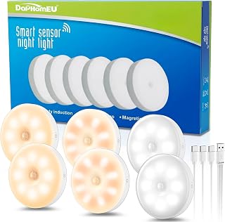 daphomeu 6 Pcs Motion Sensor Lights Indoor USB Rechargeable | Wireless Under Cabinet Kitchen Lights, 3 Modes LED Night Light for Hallway, Stairs, wardrobe, Kitchen, Counter