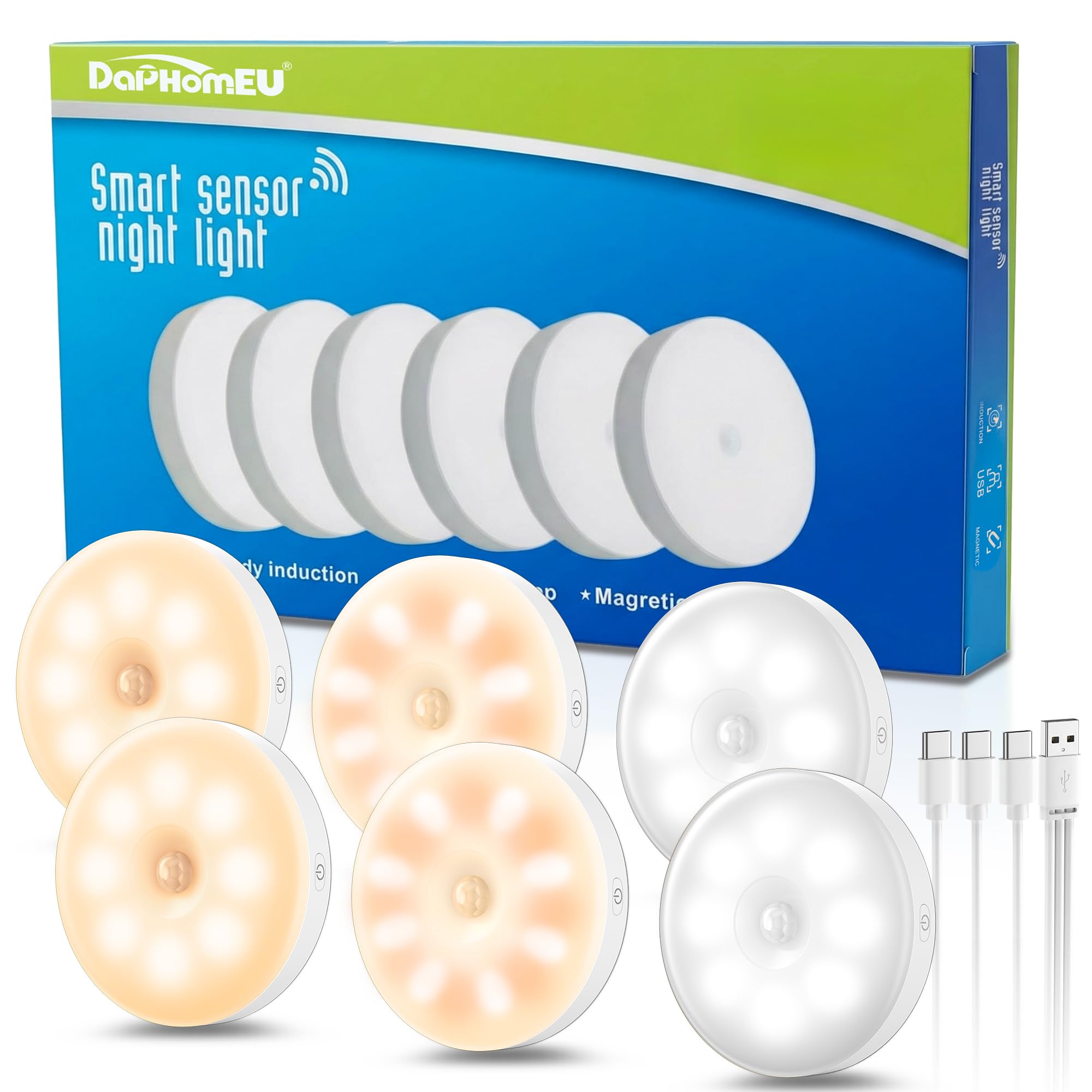 daphomeu 6 Pcs Motion Sensor Lights Indoor USB Rechargeable | Wireless Under Cab