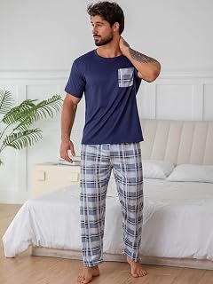 Mens Short Sleeve Plain Navy T Shirt & White Plaid Pants Pyjama Set