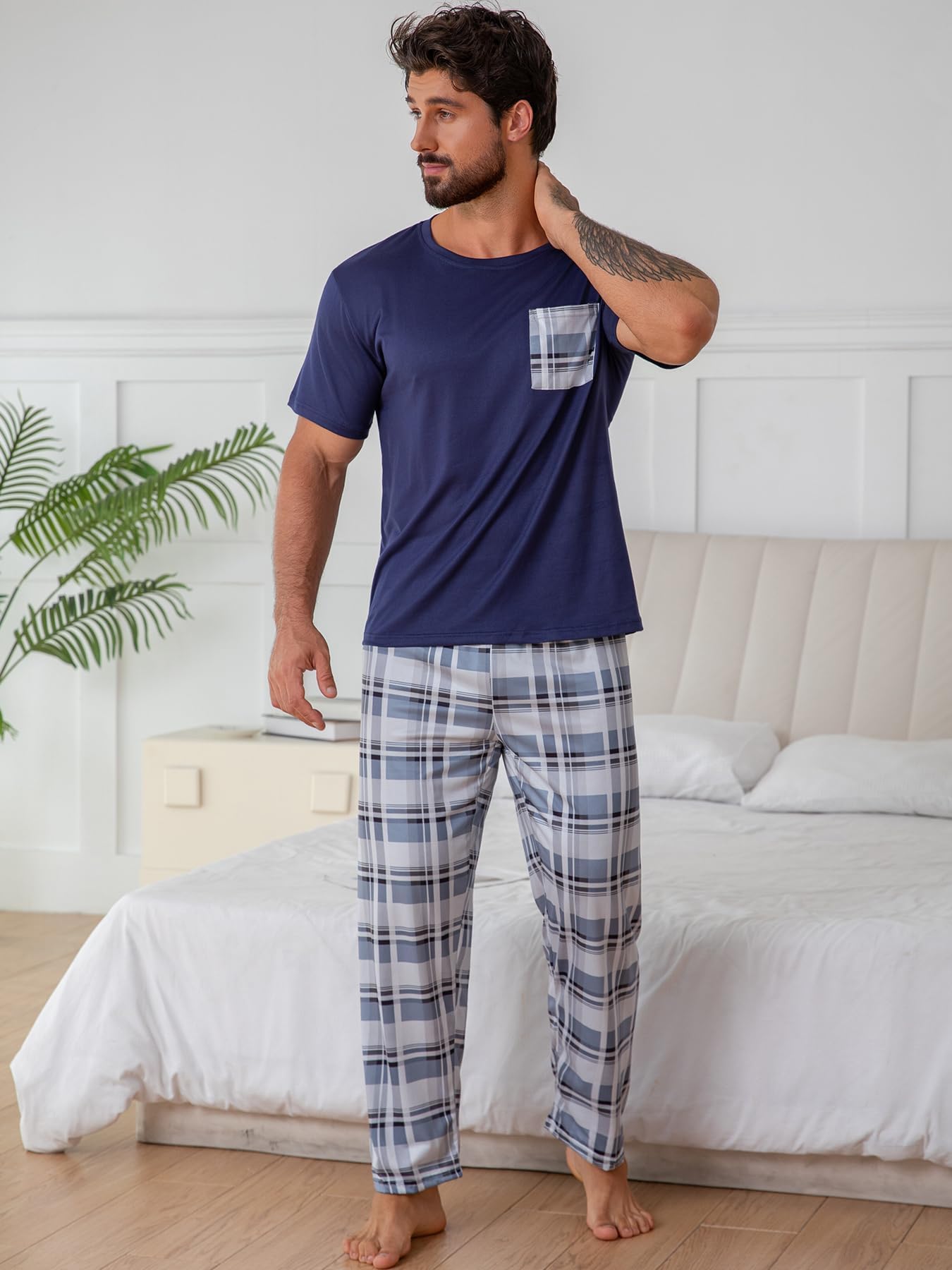 Mens Short Sleeve Plain Navy T Shirt & White Plaid Pants Pyjama Set