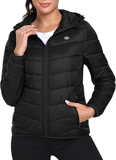 MoFiz Piumino da donna con cappuccio, leggero, trapuntato, 4 tasche, cerniera intera, invernale, caldo, nero, Large