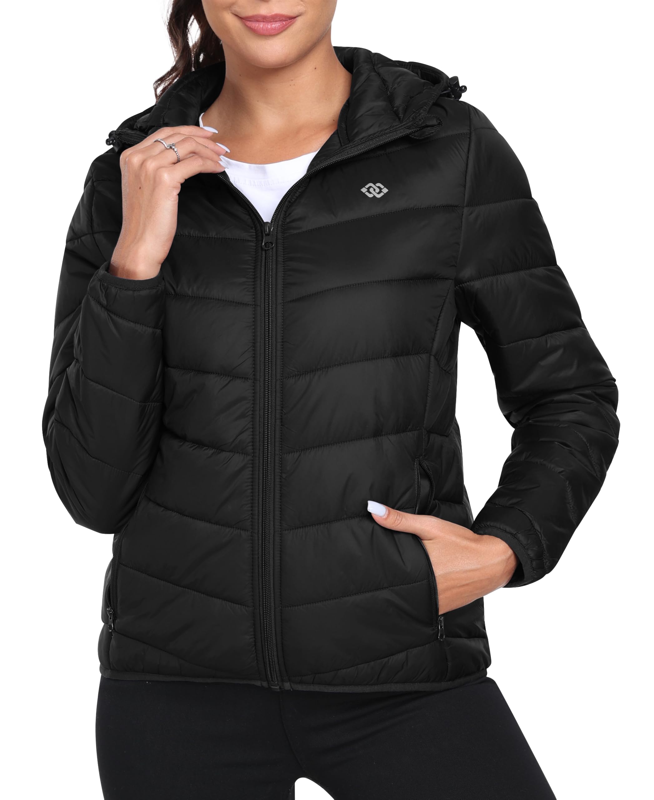 MoFiz Piumino da donna con cappuccio, leggero, trapuntato, 4 tasche, cerniera in