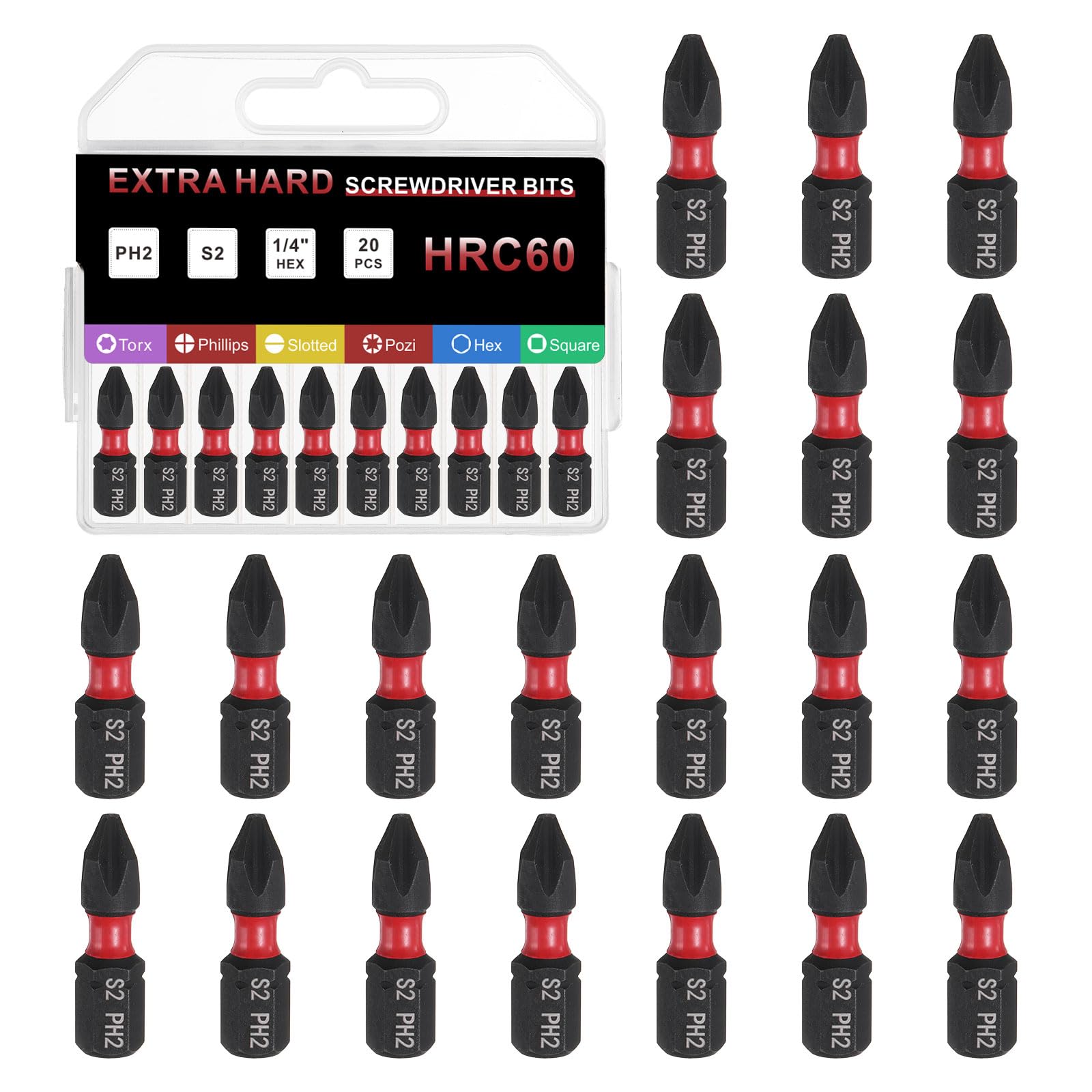Generic 20pcs PH2 Phillips Screwdriver Bit 1/4" Hex Shank 25mm/1" Length Magneti