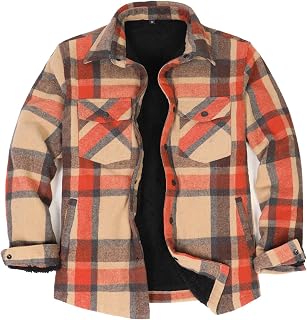 ZENTHACE Men's Sherpa Lined Flannel Shirt Jacket,Long Sleeve Brushed Flannel Shacket Jackets,Push Button
