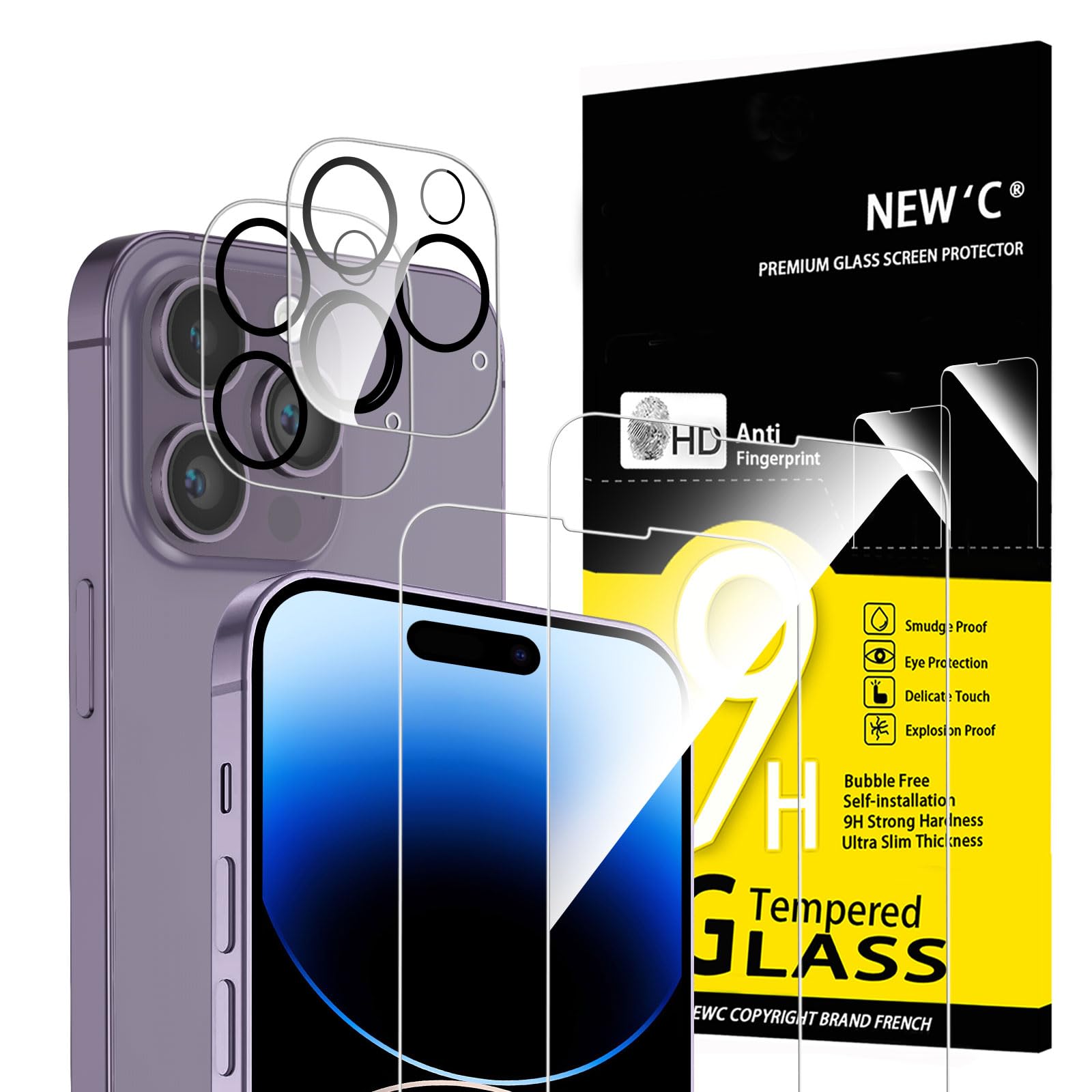 New'C for iPhone 14 Pro for Tempered Glass + Camera Protection