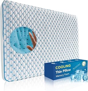 Ultra Thin Pillow for Sleeping- Cooling Gel Flat Pillow for Stomach and Back Sleepers, Slim Stomach Sleeping Pillows, Low Profile Memory Foam Pillows with Washable Cover