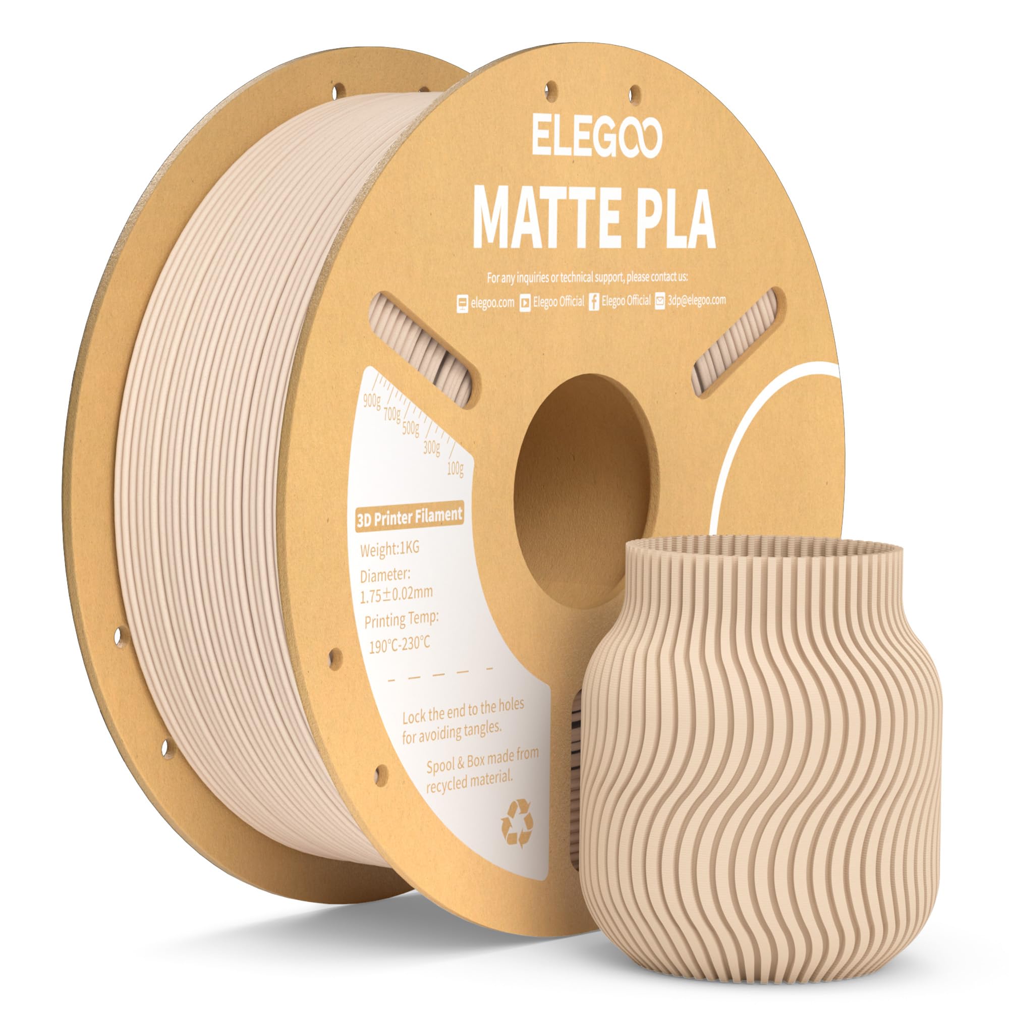 ELEGOO Matte PLA 3D Printer Filament Beige 1KG 1.75mm, Matte Finish | Dimensiona
