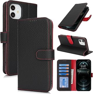 Zouzt Leather Wallet Case for iPhone 12/12 Pro, 4 Card Slot, Black & Red