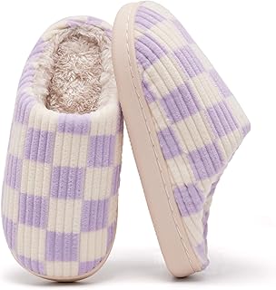Guyarns Kids Slippers for Boys Girls Plush Lined Memory Foam Checkered Slippers Non-Slip Sole Winter Warm Bedroom Cloud House Shoes Indoor Outdoor
