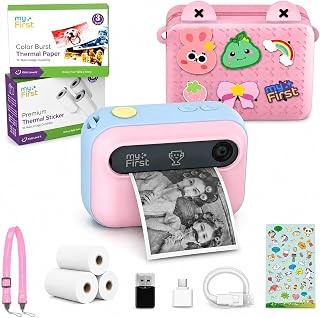 myFirst Kids Instant Print Camera, 16MP Camera, 9 Rolls Paper, Travel Case | 7S inkless thermal printing, insta 20 bundle, selfie lens, toy camera, school travel play, birthday gift for girls ages 4-12