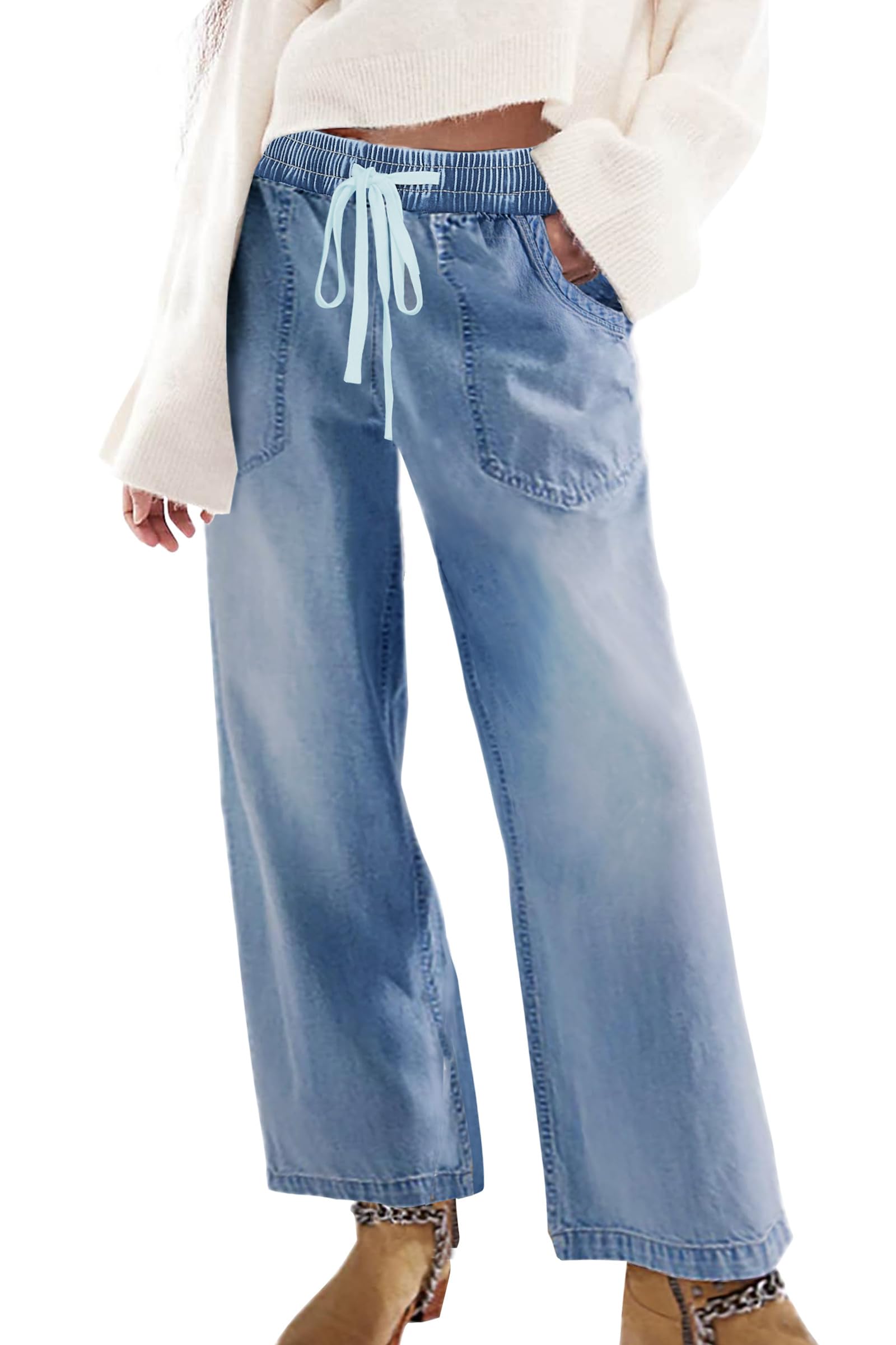 SESERAGI Womens Barrel Stretch Jeans Drawstring Pull On Denim Jeans Pants