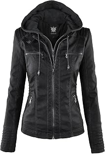 Lock and Love Women's Faux Leather Moto Biker Jacket Coat with Removable or Non-Removable Hood