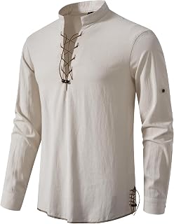 PARKLEES Men's Retro Cotton Casual Shirt Long Sleeve Lace Up Shirts Medieval Viking Pirate Costume Halloween