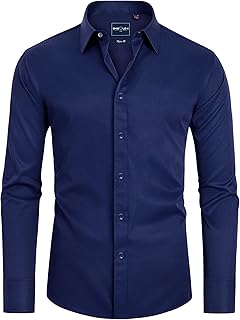 Alimens & Gentle Camicie da uomo slim fit a maniche lunghe elasticizzate a prova di macchie senza rughe con bottoni camicie formali, Navy, XX-Large