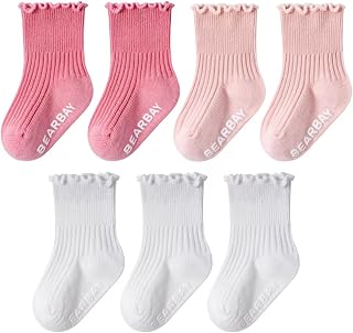 7 Pairs Baby Girls Ruffle Grip Socks Non-Slip - Cute Cotton Ankle Socks for 0 Months - 7 Years Old Walking