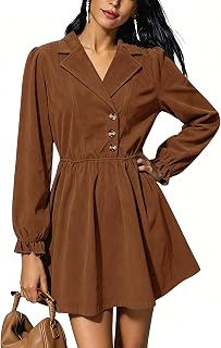 Women's Corduroy Long Sleeve Button Fall Work Short Dress