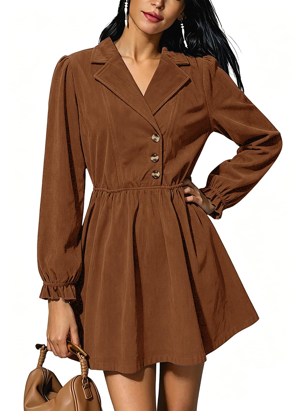 Women's Corduroy Long Sleeve Button Fall Work Short Dress