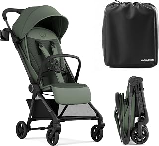 Mompush Nexis Carbon Fiber Lightweight Travel Stroller, Carry-On, Forest | Lightweight travel stroller for airplane, compact auto-fold, one-hand recline, XL basket, cup holder, rain cover included