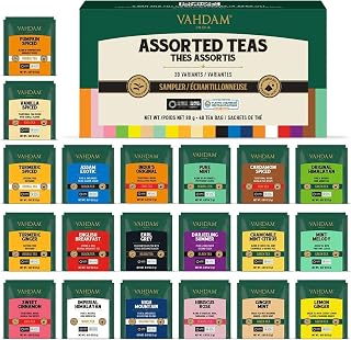 VAHDAM Assorted Tea Sampler, 20 Varieties, 40 Pyramid Tea Bags | Black Green Herbal & Chai Teas, Long Leaf Blends, Ideal for Gifts and Samplers, Tea Lover Collection