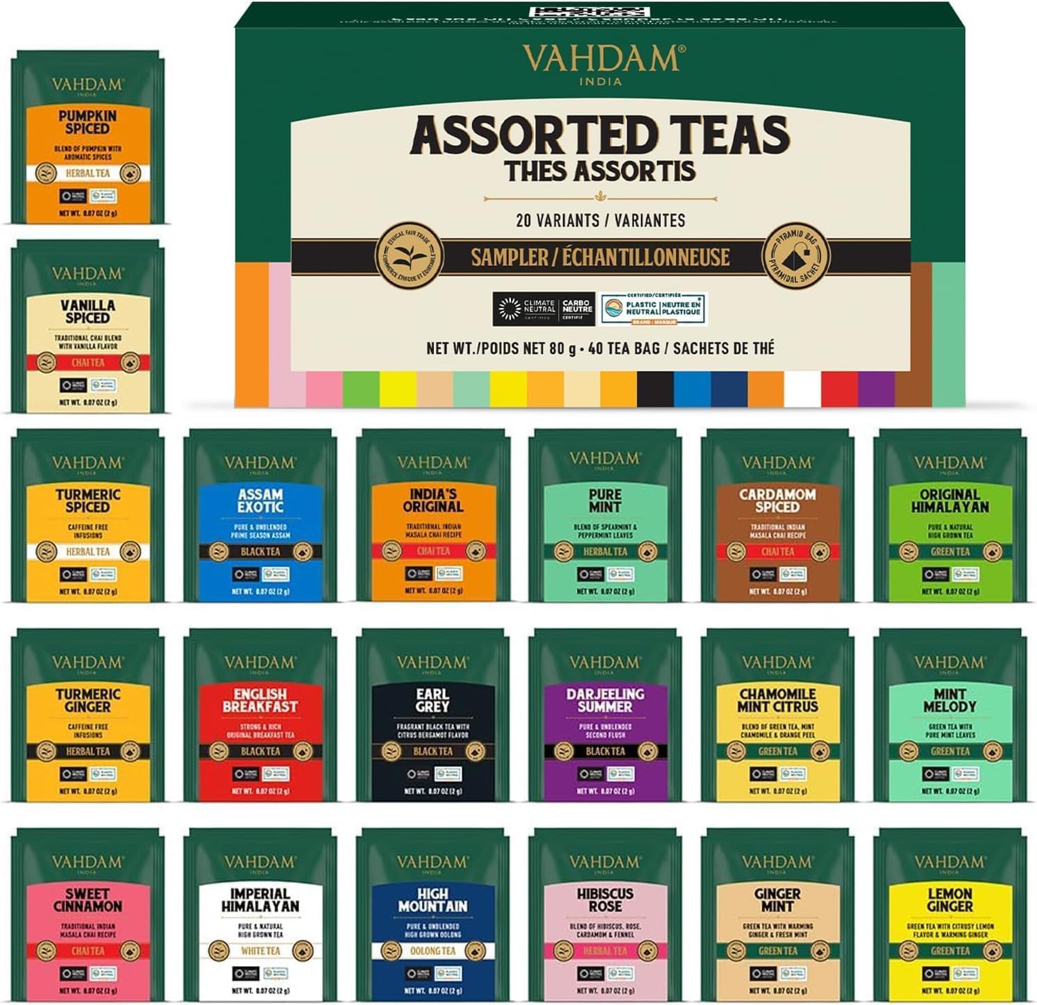 VAHDAM Assorted Tea Sampler, 20 Varieties, 40 Pyramid Tea Bags | Black Green Her
