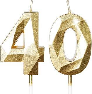 40th Birthday Gold Candles - Number 40, Happy Birthday, Cake Topper Decorations for Party & Anniversary Celebrations