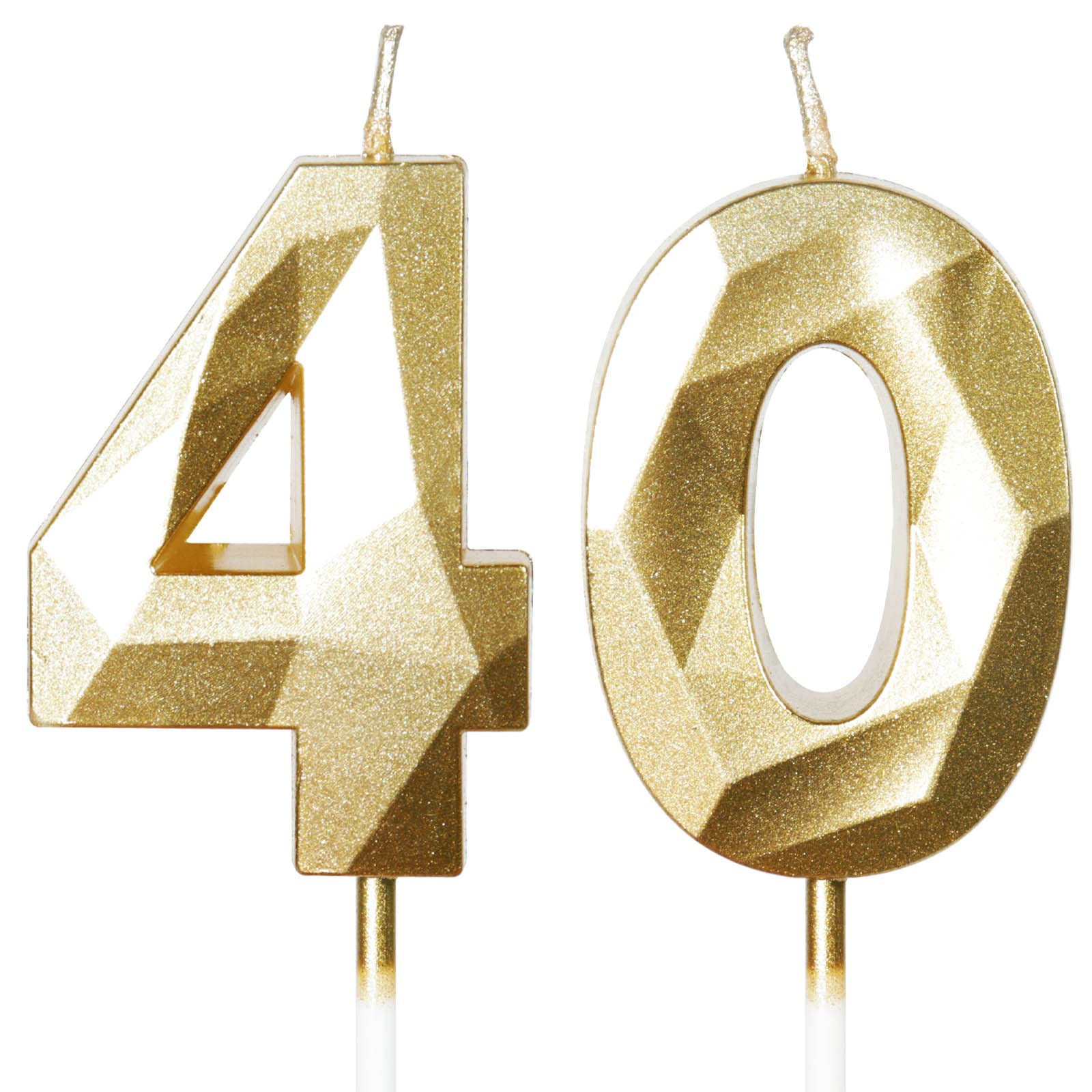 40th Birthday Gold Candles - Number 40, Happy Birthday, Cake Topper Decorations 