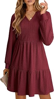 Dokotoo Womens Dresses 2025 Long Sleeve V Neck Textured Casual Tiered Ruffle A-Line Swing Mini Babydoll Dress