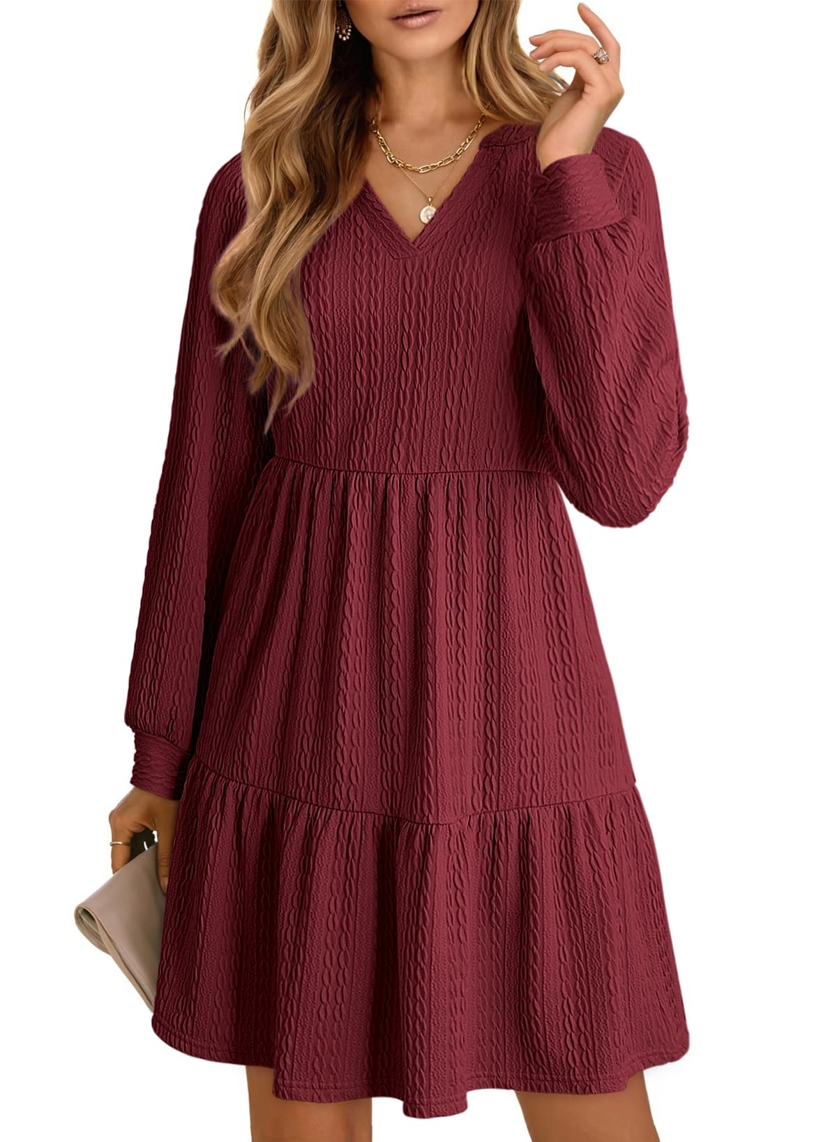 Dokotoo Womens Dresses 2025 Long Sleeve V Neck Textured Casual Tiered Ruffle A-L
