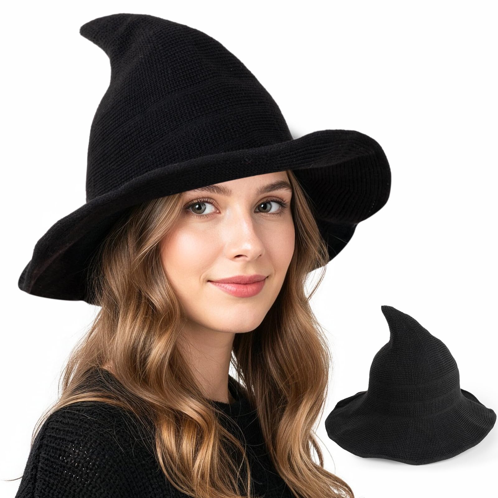 Halloween Witch Hat for Women – Knit Witches Hat Adult, Chapeau Sorcière Femme, 