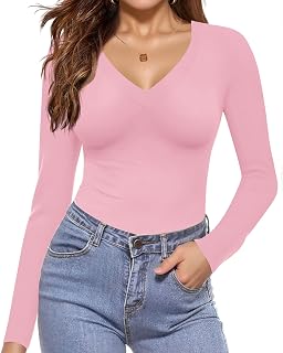 Ekouaer Chemises à Manches Longues pour Femme, col en V, Basique, légère, Couche de Base, ajustée, Thermique