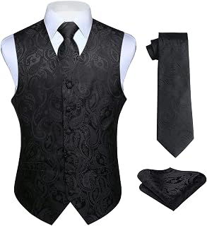 Hisdern Men's Floral Wedding Waistcoat, Tie and Handkerchief Set, Jacquard Waistcoat Suit Set