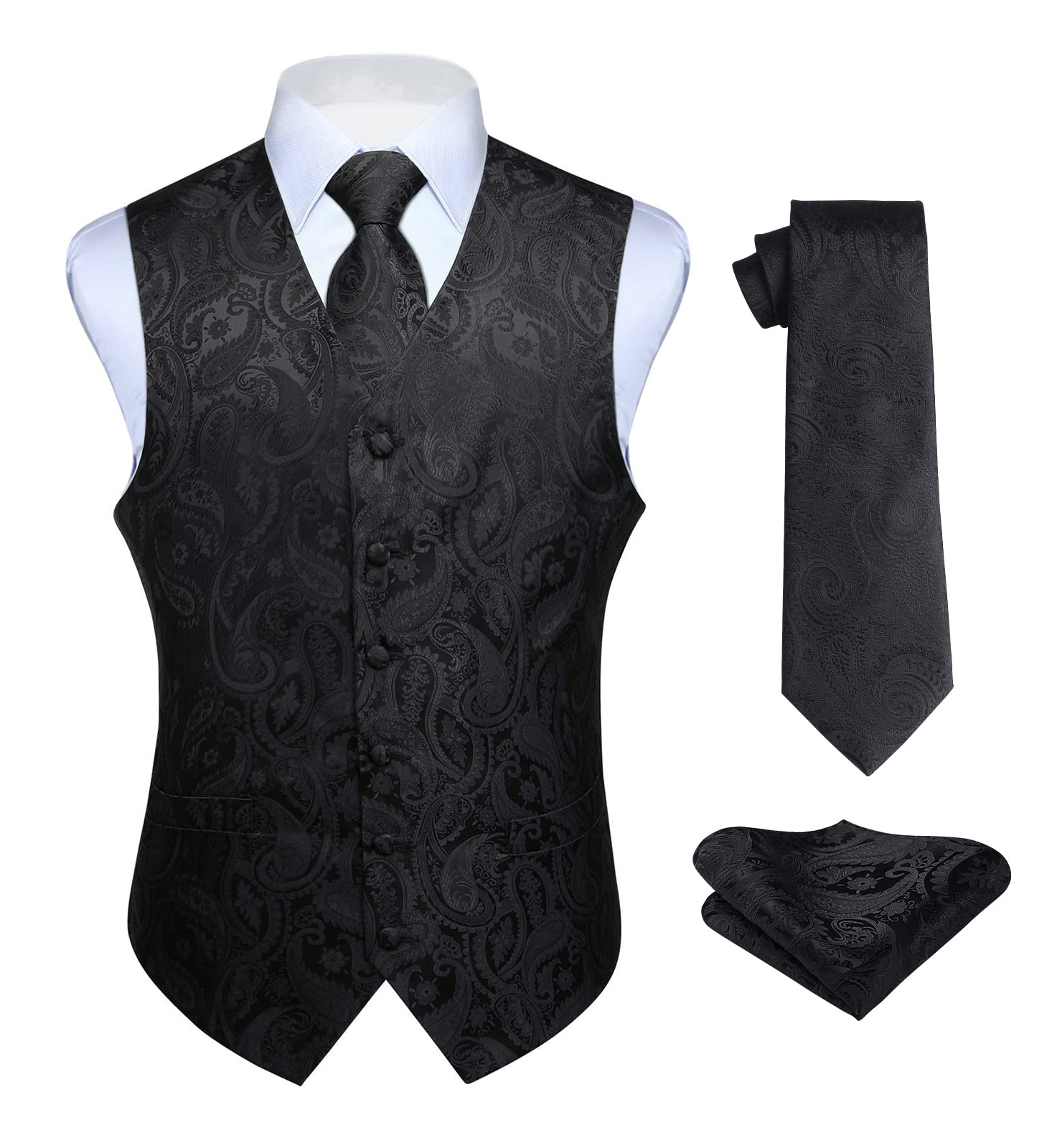 Hisdern Men's Floral Wedding Waistcoat, Tie and Handkerchief Set, Jacquard Waist