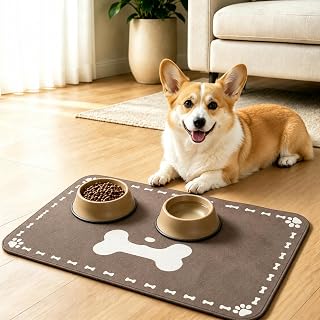 Dog Food Mat, Waterproof Non Slip Pet Feeding Mat, 20x12 Inch, Placemat for Food and Water Bowls, Cat Dining Floor, Brown &