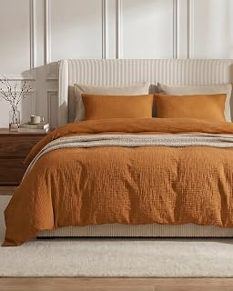 SE SOFTEXLY Set copripiumino in mussola per letto queen size, 100% cotone lavato, ultra morbido effetto lino, 3 pezzi copripiumino minimalista in garza con 2 federe, 228,6 x 228,6 cm, zucca