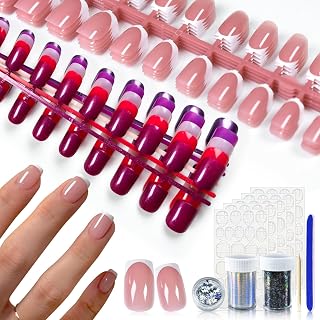 240pcs Press-On Nail 2pcs Transfer Foil Stickers, 1 Glitter Laser Butterfly Sequin Glitter, 1 Nail Tool Set 10 Kits Square Pink White French Fake Nail Deco Kit for Women Girls Stick On Nails