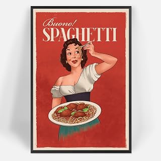 Framed Vintage Kitchen Spaghetti Canvas Posters Trendy Italian Food Wall Art Funny Woman Eat Spaghetti Prints Painting For Living Room Bedroom Apartment Wall Decor 8x12in