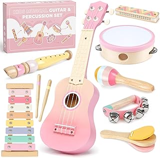 Pink Kids Guitar Set - 8 in 1 Toddler Montessori Musical Instruments | Wooden Ukulele Xylophone Tambourine Maracas Flute,Toy Guitar for Toddler Girl Ages 2-3, Toddler Girl Gifts for 2 Year Old