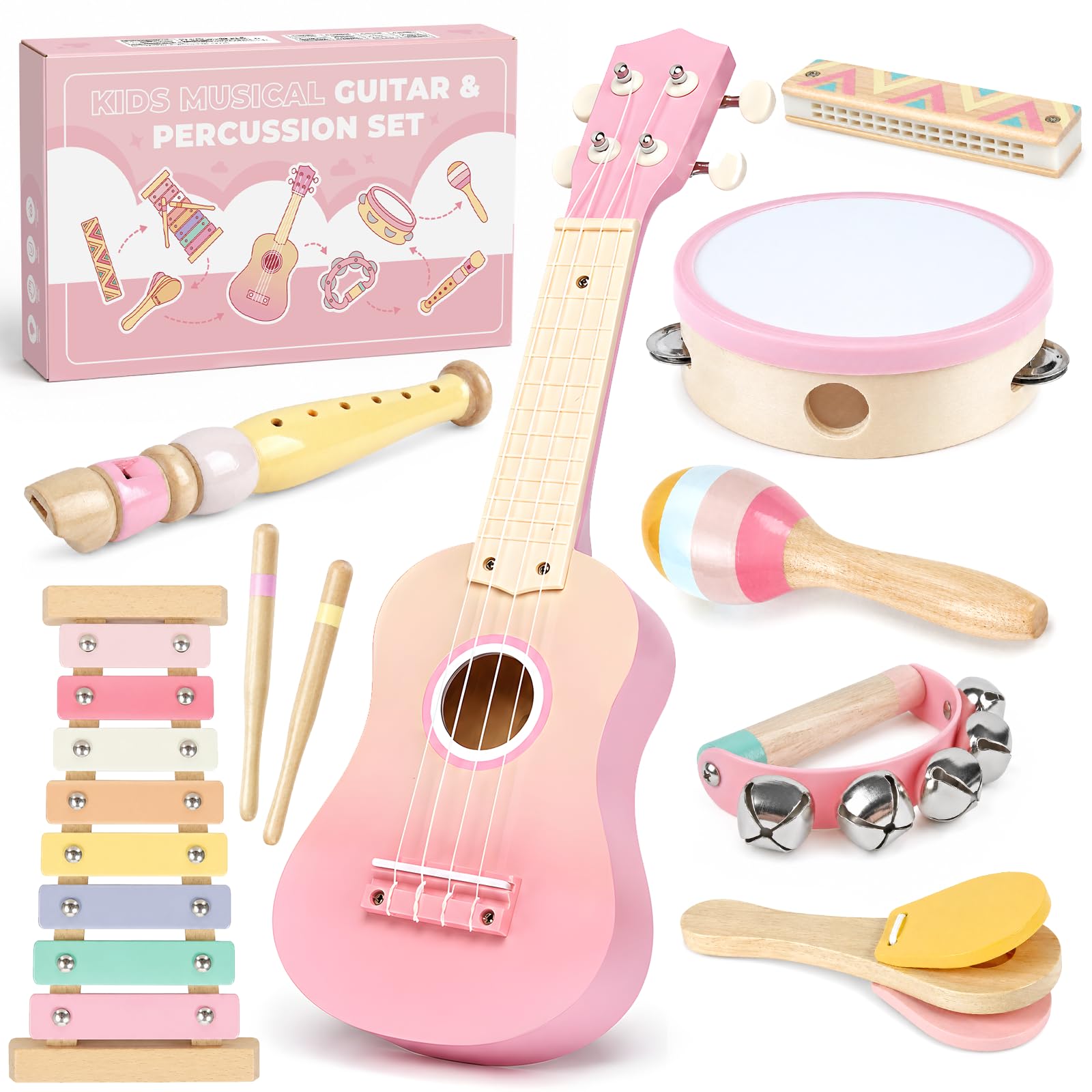 Pink Kids Guitar Set - 8 in 1 Toddler Montessori Musical Instruments | Wooden Uk