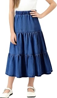Happy Cherry Girl's Denim Midi Skirt Ruffle Hem Elastic Waisted A Line Skirts 5-12 Years