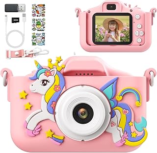 PHNIXGAM Pink Unicorn Kids Selfie Camera with 2 Inch Screen/32GB Card | Digital camera for boys/girls 3-12, Selfie toy with filters/8X zoom/puzzle games/MP3/video recording, Birthday gift for kids