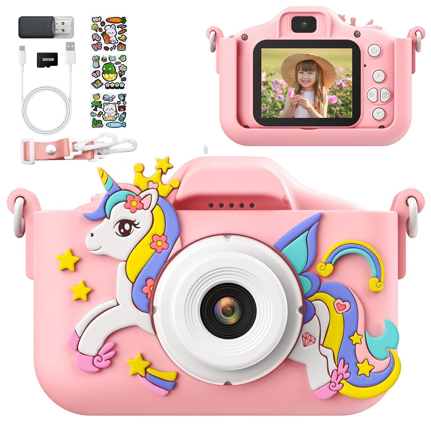 PHNIXGAM Pink Unicorn Kids Selfie Camera with 2 Inch Screen/32GB Card | Digital 