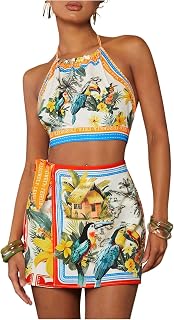 SweatyRocks Women's Tropical Halter Top and Shorts 2 Piece Vacation Outfits